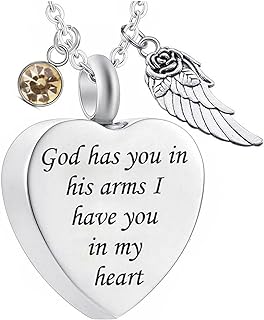God has You in his arms with Angel Wing Charm Cremation Ashes Jewelry Keepsake Memorial Urn Necklace with Birthstone Crystal