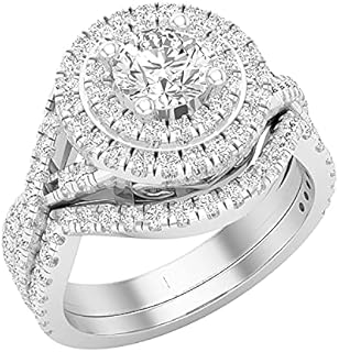 IGI Certified 2.05 CT White Lab Grown Diamond Double Halo Split Shank Swirl Engagement Ring and Matching Wedding Band in 925 Sterling Silver for Ladies
