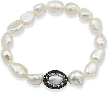 Cord Chain 9mm Genuine Baroque Pearl Beaded Stretch Bracelet with Druzy-Pave Pearl Center Display for Women, Rhinestone Sparkle Design