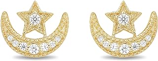 10K Yellow Gold Diamond Jasmine Moon & Star Stud Earrings with Push Back for Fairy Tale Lovers by Jewelili