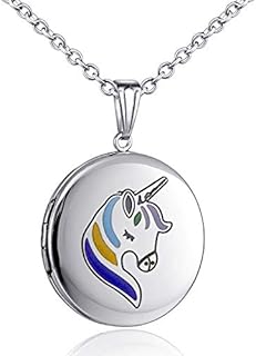 Lobster-Claw Clasp Children's Enamel Unicorn Heart Locket Necklace with Cable Chain - Perfect Gift for Women and Girls