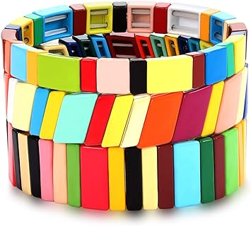 NVENF Tile Bracelets Enamel Rainbow Tile Bead Bracelets Colorblock Stackable Stretch Bracelets Bohemia Tile Strand Bangle Bracelet Set for Women Men Girls