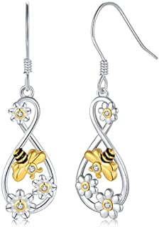 Sterling Silver Infinity Daisy Bee Dangle Earrings, French Wire Backing, Cubic Zirconia Accents, for Women and Girls