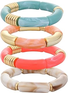 Chunky Bamboo Tube Bracelets Colorful Curved Resin Stretch Bracelet Gold Stacking Bangles Acrylic Beads Stretchable Friendship Bracelets for Women
