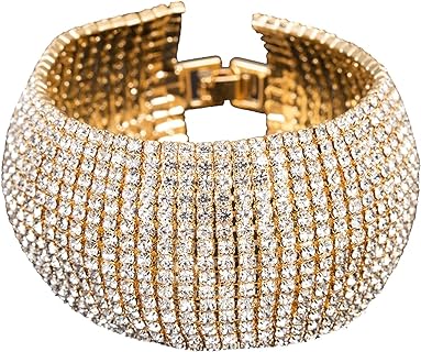Gold Wide Bangle Bracelet with Shimmering Rhinestones for Women, Durable Rope Chain, Classy Prom or Wedding Jewelry - No Clasp Design, Perfect Elegant Gift for Ladies