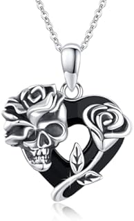 S925 Sterling Silver Rose Skull Necklace with Heart Black Crystal and Box Clasp, Rolo Chain, Perfect Gothic Gift for Jewelry Enthusiasts