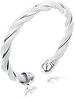 L & J 925 Sterling Silver Plated Adjustable Mesh Twisted Cuff Bangle Bracelet for Women
