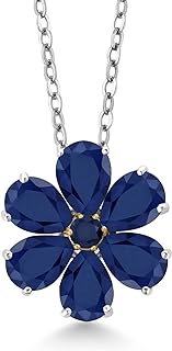 Sophisticated Pear-Shaped Blue Sapphire Flower Pendant Necklace in Mixed 10K Yellow Gold & Sterling Silver for Women with Cable Chain - Birthstone Jewelry
