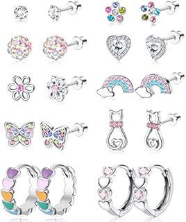 LOYALLOOK 10Pairs Hypoallergenic Screwback Earrings for Women CZ Heart Heart Hoop Earrings Stainless Steel Flower Butterfly Cute Screw Back Stud Earrings