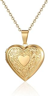 Vintage Engraved Flower Locket Picture Pendant Necklace Antique Carved Pattern Unique Heart Oval Necklace Hold Picture Souvenir Memorial Jewelry for Women Girls