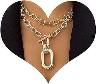 MJartoria Gold Layered Necklaces for Women Trendy Retro OT Buckle Pendant Gold Necklace Chunky Link Paper Clip Chain Pendant Necklaces for Girls Jewelry Birthday Gifts