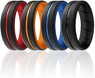 ROQ Silicone Rubber Wedding Ring for Men, Comfort Fit, Men's Wedding & Engagement Band, 8mm Wide 2mm Thick, Engraved Duo Middle Line, 4 Pack, Black, Red, Orange, Light Blue, Size 9