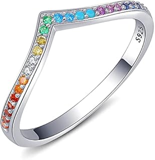 Rainbow V Shape Ring, 925 Sterling Silver Colorful CZ Stackable Chevron Ring for Anniversary Promise Wedding Engagement, Jewellery Gifts for Women Girls Band Sizes 6-9