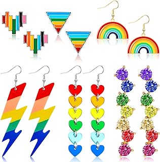 6 Pairs Rainbow Earrings Pride Earrings Rainbow Mesh Drop Clip On Earrings Lightweight Chain Rainbow Earrings Love Wins Dangle Post Earrings Round Heart Rainbow Drop Earrings for Women