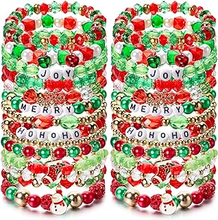 32 Pcs Christmas Beaded Bracelets Snowflake Boots Snowman Bell Bracelets Charms Bracelets Rope Stretch Bracelets Bulk Holiday Jewelry Gifts for Women Girls Kids Friendship Xmas Party Festive