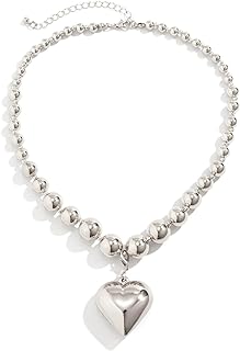 Gold Chunky Heart Necklace Puffy Heart Pendant Choker Necklaces Big Bead Adjustable Pearl Chain for Women Teen Girls Trendy Jewelry Gifts