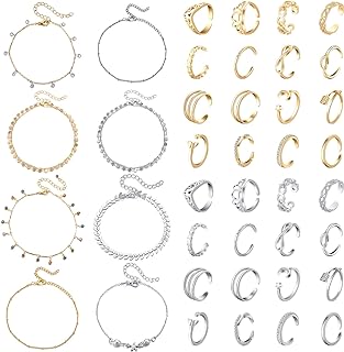 Kigeli 40 Pcs Anklets and Toe Ring Set for Women Girl Chain Layered Anklets Toe Rings Ankle Bracelets Open Adjustable Toe Rings Beach Foot Jewelry, Silver Gold