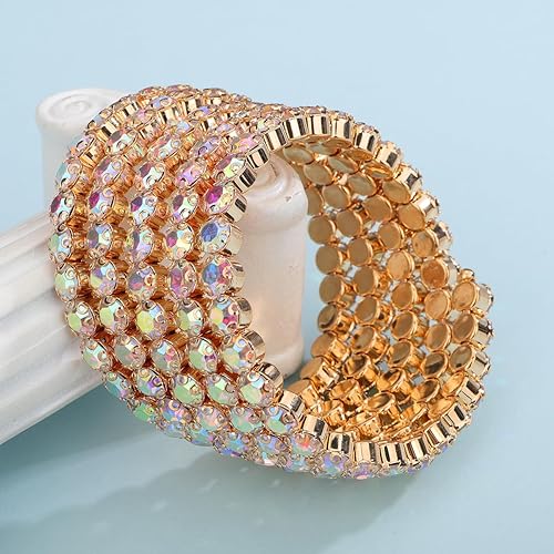 Xerling Colorful Iridescent Rhinestone Crystal Bracelets for Women Multi-row Silver Bangles Wrap Stretch Bridal Girls Hand Jewelry for Wedding