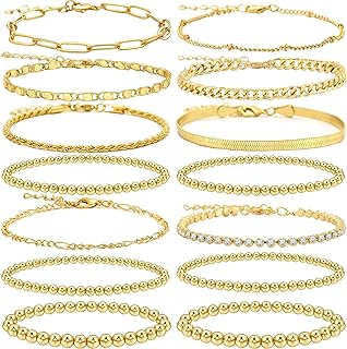 WAINIS 14PCS Gold Chain Bracelets Set for Women 14K Gold Plated Dainty Link Paperclip Bracelets Stake Adjustable Layered Metal Link Beaded Bracelet Fashion Jewelry