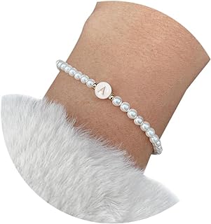 Stylish Faux Pearl Bead Bracelet with Link Chain and Lobster Claw Clasp for Women, Dainty Letter Initial Design