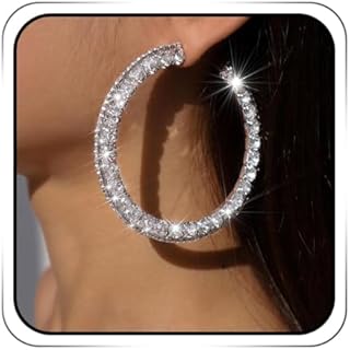 Earent Rhinestone Hoop Earrings Large Silver Dangle Hoop Earring Big Round Loops Earrings Party Ear Jewelry for Women and Girls