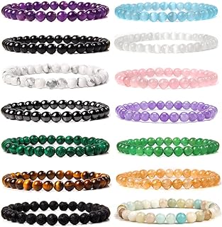14Pcs Gemstone 6mm Semi Precious Round Beaded Bracelet Set For Women Men Healing Crystal Stretch Energy Stone Bead Bracelets Jewelry