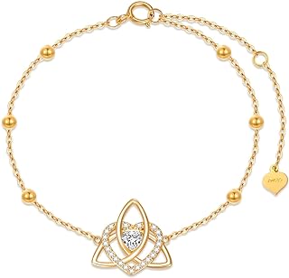 Sophia 14K Yellow Gold Celtic Heart Bracelet with Cubic Zirconia and Lobster Claw Clasp - Cable Chain Design