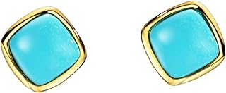 Sterling Silver Turquoise Stud Earrings with Post and Nut Back Finding for Women - Cushion Cut, 18K Yellow Gold Plated