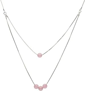 One-to-Two Strand Rose Quartz Stone Beads Sterling Silver Box Chain Necklace, 17"+2" Extender