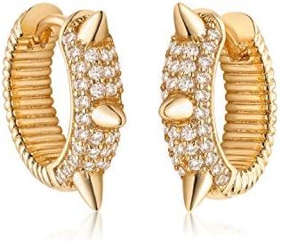 Hinged Clasp Spike Hoop Earrings with Cubic Zirconia, Yellow Gold Plated Brass for Women, Trio Cone Design