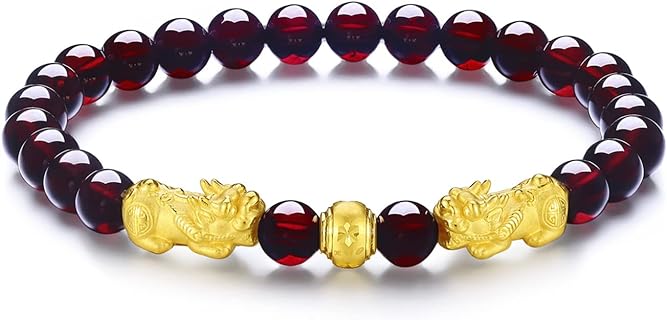 24K Solid Gold Bracelet for Women, Real Pure Gold Jewelry Fortune Pixiu Garnet Beaded Bracelet for Men