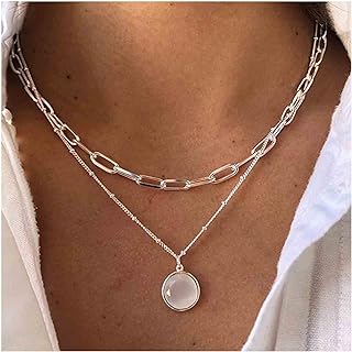 Boho Layered Moonstone Necklace Gold Opal Moonstone Pendant Necklace Paper Clip Chain Choker Necklace Punk Flat Chain Necklace Jewelry for Women and Girls