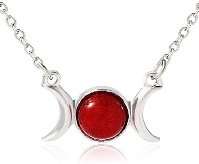 Unisex Triple Moon Goddess Carnelian Crystal Necklace with Cable Chain and Lobishem Clasp, Celestial Wiccan Gift Jewelry in Durable Stainless Steel