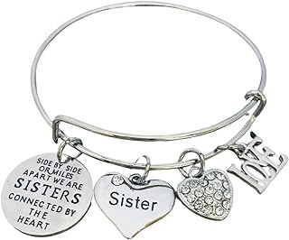 Infinity Collection Sister Charm Bangle Bracelet for Women- Side By Side or Miles Apart, We are Sisters Connected By the Heart Jewelry, Gift for Sisters
