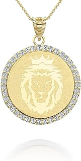 Solid 10K Yellow Gold Diamond Accented Leo Zodiac Sign Charm King Lion Head Round Pendant Necklace (G-H Color, SI1-SI2 Clarity) - Choice of Pendant Only or Necklace Chain Length