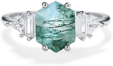 Natural Moss Agate Gemstone Rings for Women Solid 925 Sterling Silver Ring for Girl Trendy Hexagon Engagement Wedding