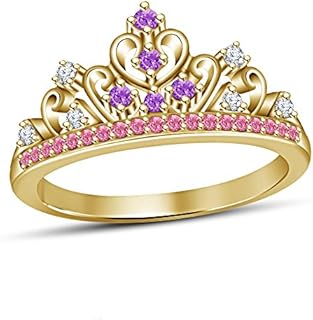 Women's 14K Yellow Gold Plated Alloy Multi-Color CZ Round Cut Rapunzel Style Princess Crown Ring Engagement & Wedding Ring Free Size 4-11