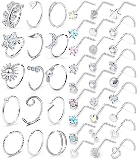 Kridzisw 18G 20G Nose Rings Studs Hypoallergenic 316L Surgical Steel L Shaped Screw Nose Rings Hoops Silver Heart Star Diamond Nose Piercing Jewelry for Women Men 42pcs