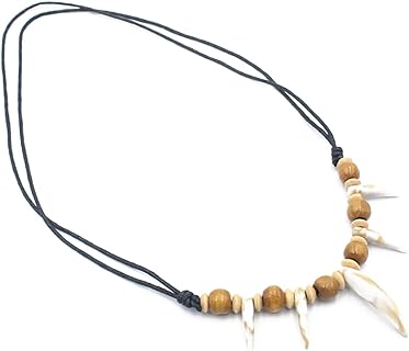 Tribal Acrylic Wolf Tooth Necklace Ethnic Style Handmade Stone Woody Beaded Resin Curly Wolf Fang Tooth Adjustable Cord Collar for Men Women Dress up Jewelry