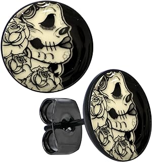 Body Candy Black Anodized Stainless Steel Post Gothic Rose Skull Glow in the Dark Stud Earrings