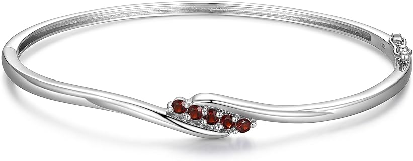Garnet Birthstone Bangle Bracelet with Box Chain and Safety Clasp for Women - Sterling Silver Diagonal Bypass-Set by Morgan & Paige
