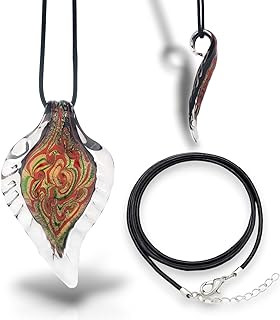Handmade Murano Inspired Gorgeous Artist Made Goldtone Red Green Leaf Shaped Glass Necklace Pendant Handcrafted Blown Hypoallergenic Artisan Lampwork Italian Style Glass Jewelry