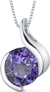 Peora Simulated Alexandrite Open Bezel Wave Solitaire Pendant Necklace for Women 925 Sterling Silver, Color Changing 2.55 Carats Round Shape 8mm, with 18 inch Chain