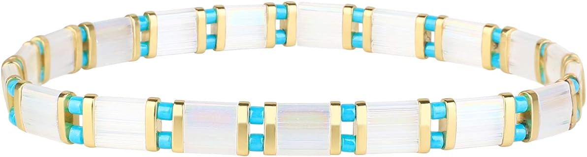 Elastic Tila Bead Bracelet with Braided & Bead Chains - Vibrant, Stackable, Perfect for Everyday, Optimal for Personal or Shared Wear - No Gems or Metal - Rectangular Design