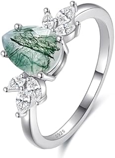 Moss Agate Ring for Women Natural Solitaire Gemstone Ring Unique Engagement Promise Anniversary Ring 925 Sterling Silver Ring Mom Wife Valentine Gift Ring Size 5-9