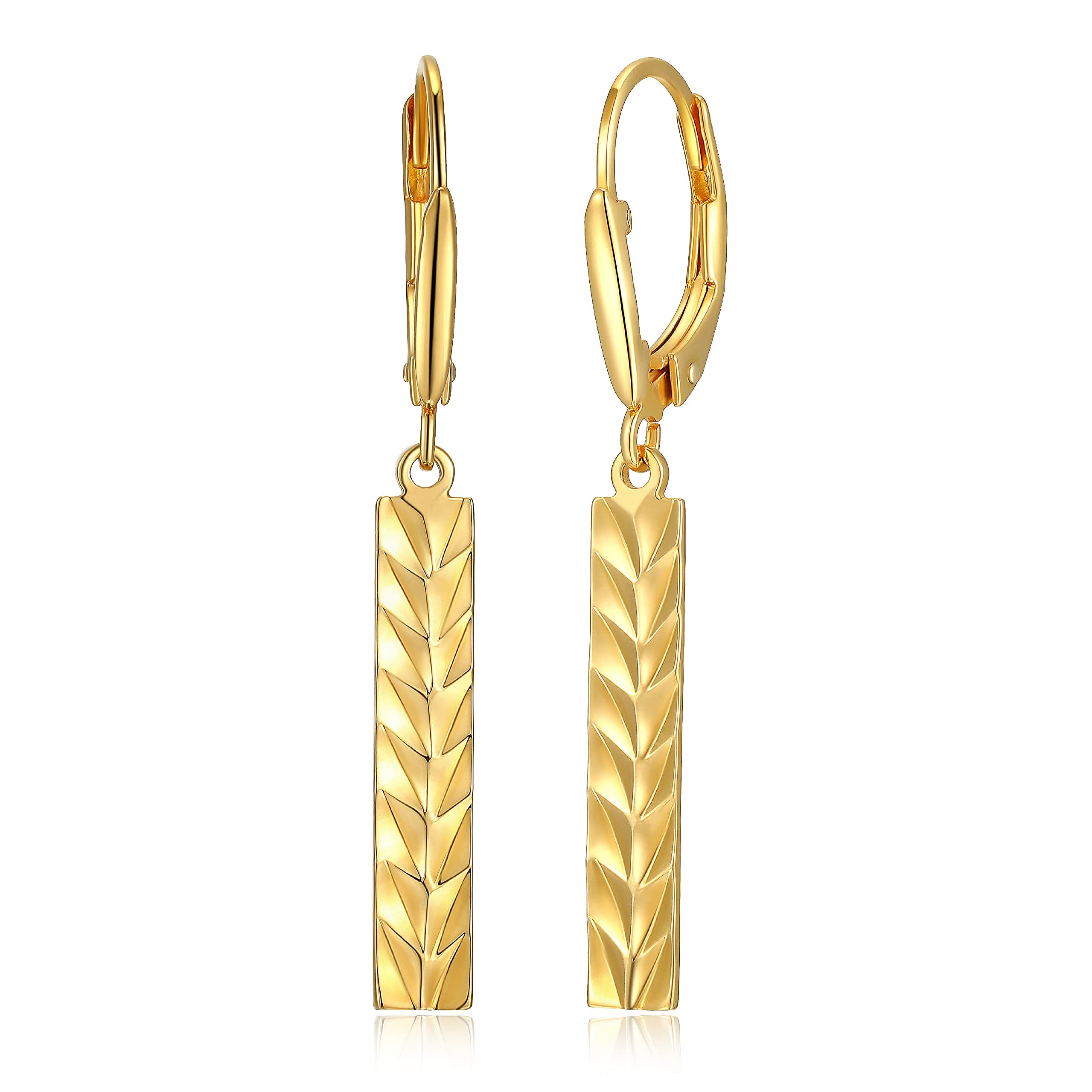 18k Yellow Gold Plated 925 Sterling Silver Geometric Pattern Vertical Bar Drop Earrings