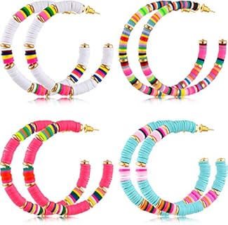4 Pairs Heishi Hoop Earrings Rainbow African Vinyl Disc Bead Earrings Colorful Heishi Beaded Open Hoop Earring for Women