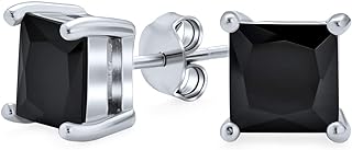 14K Gold Plated Square Black Cubic Zirconia Stud Earrings for Men and Women, Sterling Silver Push Back Earrings, 5-8MM Princess Cut Solitaire Design