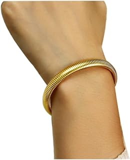 Women's 14k Gold Plated Stretch Bangle Bracelets, Golden Cloud Chunky Stackable Design, Non Tarnish Stainless Steel with Snake Chain and Comfortable Spring Ring Clasp