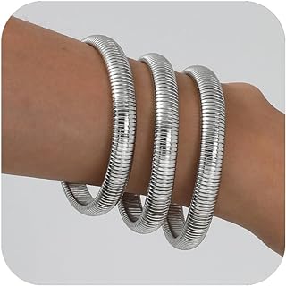 Stainless Steel 18K Gold-Plated Stretch Bangle Bracelets for Women: Set of 3 Chunky, Water-Resistant Bracelets with Link Chain Design; Perfect Gift, Three Sizes for Versatile Styling